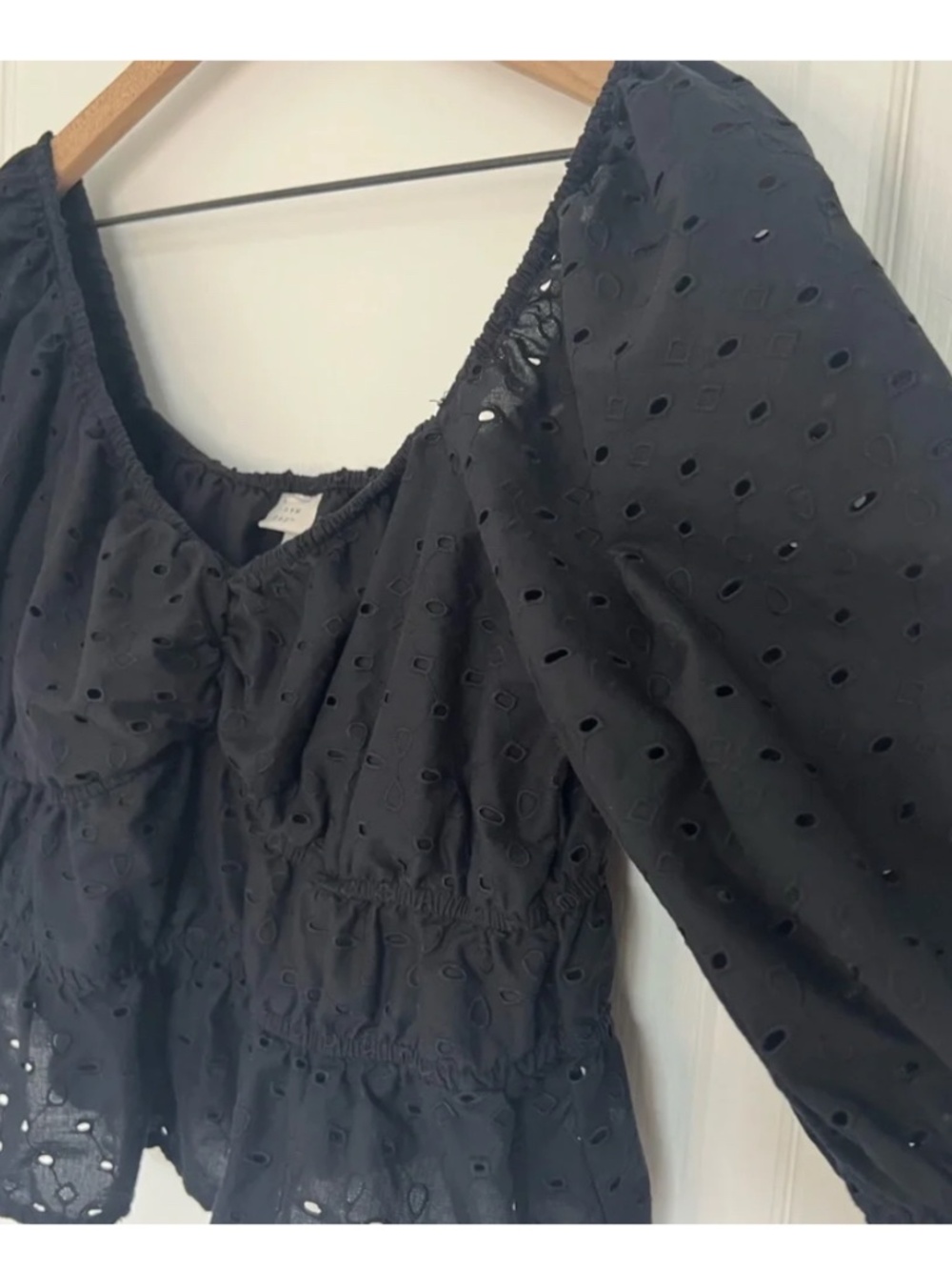 A New Day Black Puff Sleeve Eyelet Peplum Crop Top M women ruched lined target